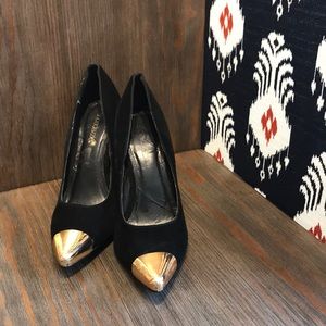 Black Suede Pointed Toe Heels with Gold Detail
